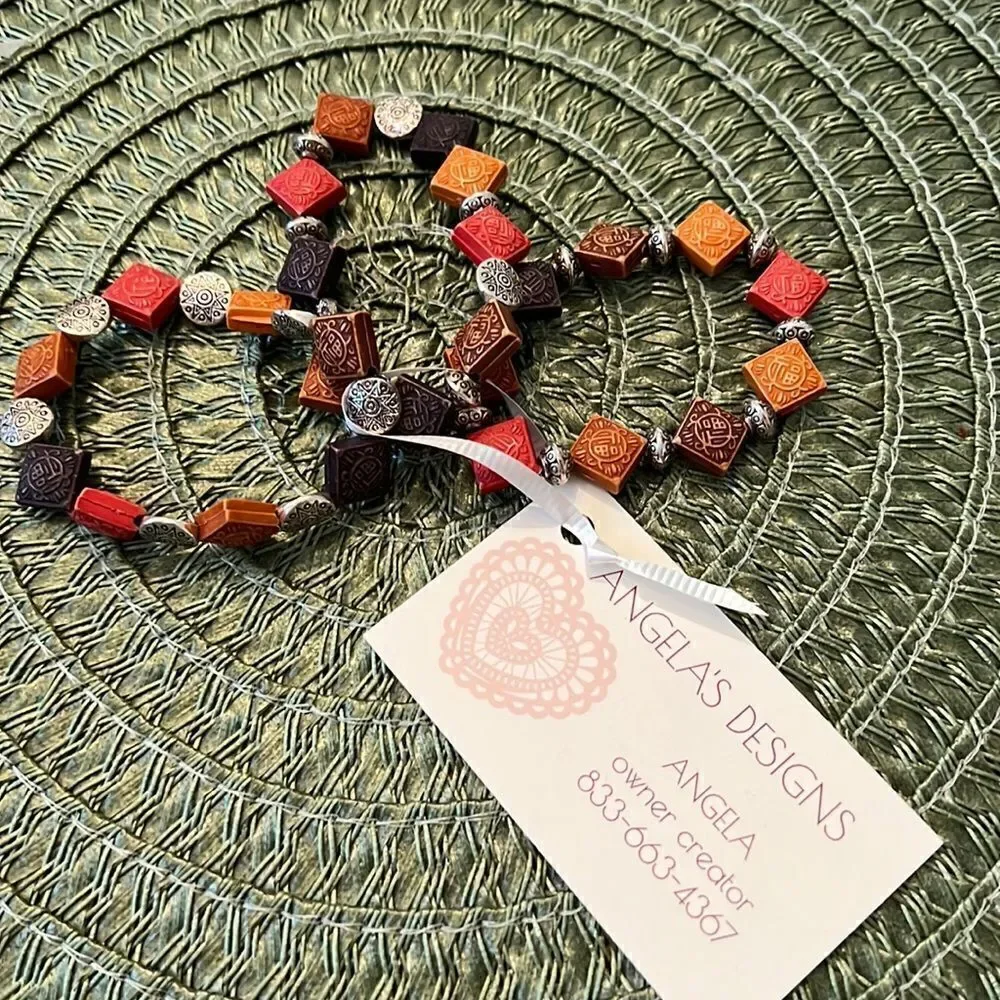 NWT Angelas Designs 3 stackable handmade bracelets orange brown and silver